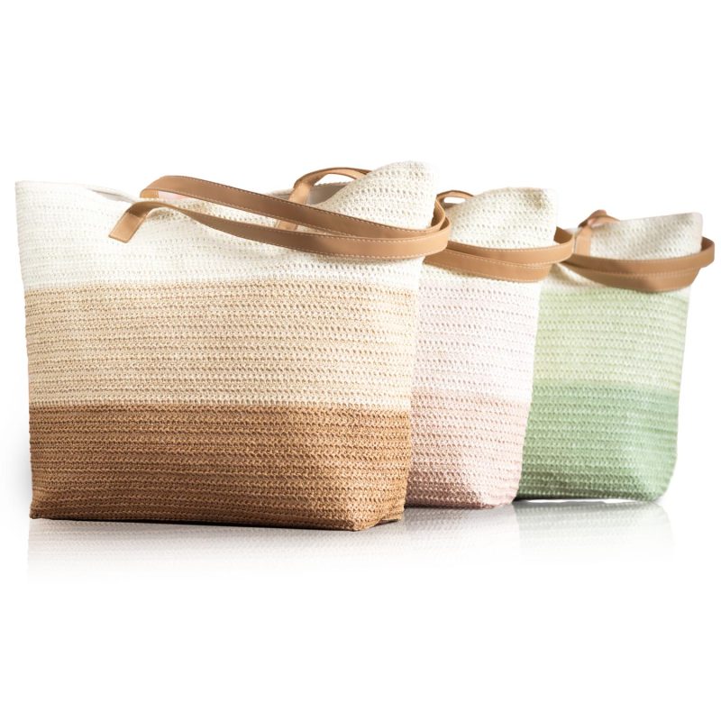 Custom Paper Straw Beach Tote Bag with Faux Leather Handle