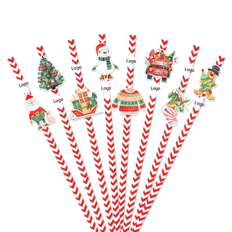 Custom 24Pcs Christmas Disposable Paper Straw Set